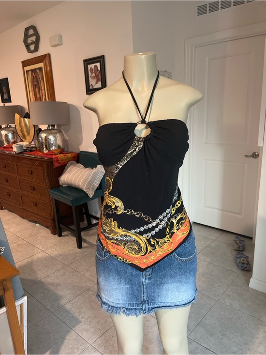South Pole Tops - South Pole Black Halter Tank with Gold & Orange Scarf Print
